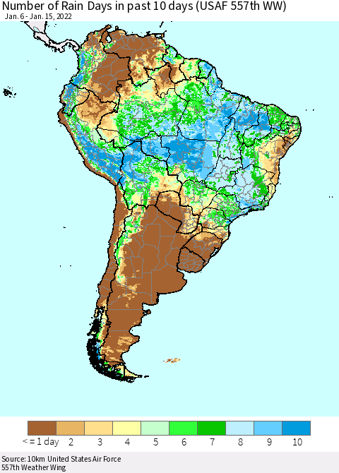 South America Number of Rain Days in past 10 days (USAF 557th WW) Thematic Map For 1/11/2022 - 1/15/2022