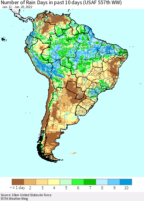South America Number of Rain Days in past 10 days (USAF 557th WW) Thematic Map For 1/16/2022 - 1/20/2022