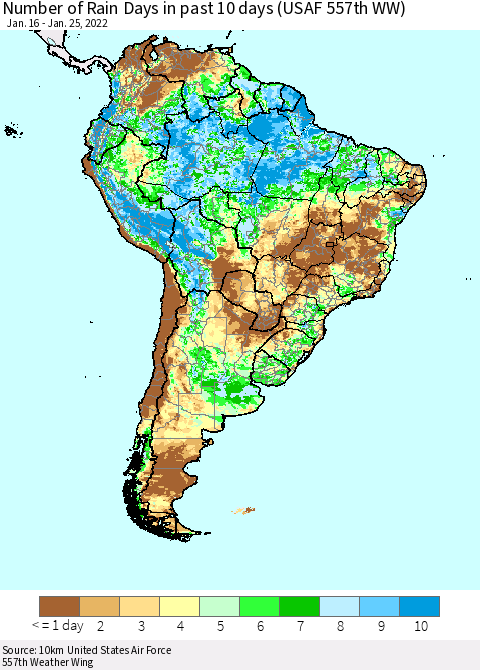 South America Number of Rain Days in past 10 days (USAF 557th WW) Thematic Map For 1/21/2022 - 1/25/2022