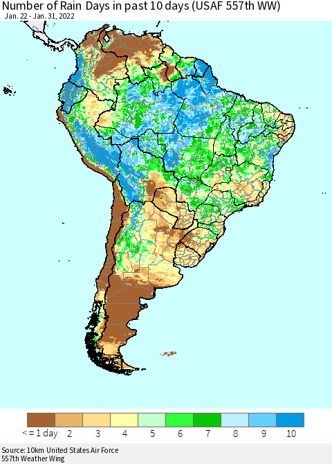 South America Number of Rain Days in past 10 days (USAF 557th WW) Thematic Map For 1/26/2022 - 1/31/2022