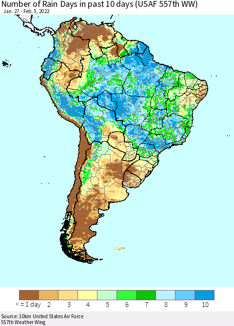 South America Number of Rain Days in past 10 days (USAF 557th WW) Thematic Map For 2/1/2022 - 2/5/2022