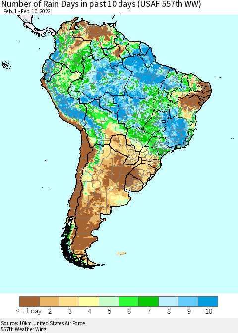 South America Number of Rain Days in past 10 days (USAF 557th WW) Thematic Map For 2/6/2022 - 2/10/2022