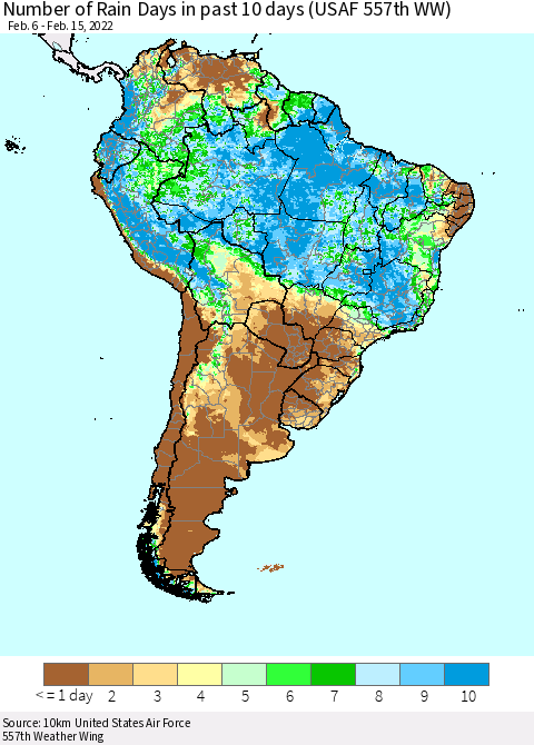 South America Number of Rain Days in past 10 days (USAF 557th WW) Thematic Map For 2/11/2022 - 2/15/2022