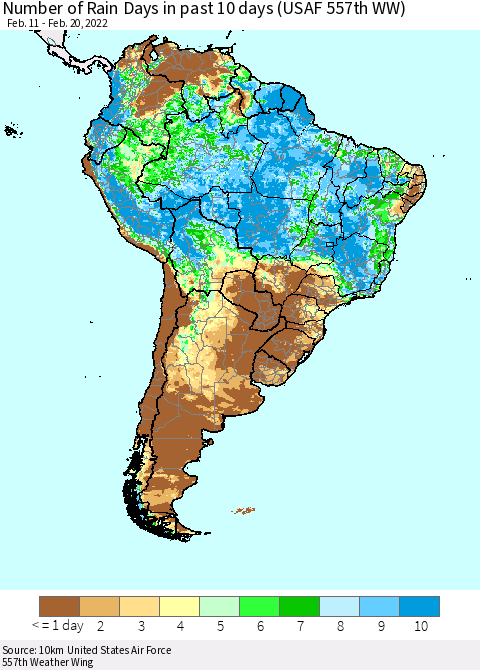 South America Number of Rain Days in past 10 days (USAF 557th WW) Thematic Map For 2/16/2022 - 2/20/2022