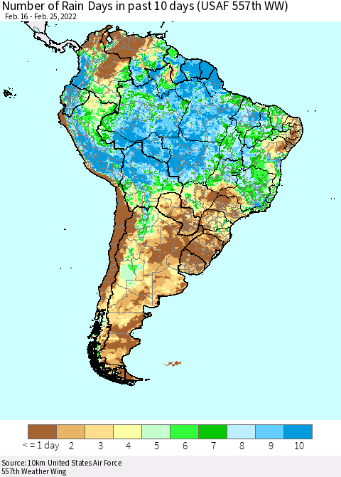 South America Number of Rain Days in past 10 days (USAF 557th WW) Thematic Map For 2/21/2022 - 2/25/2022
