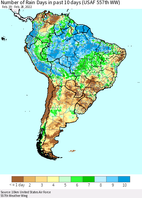 South America Number of Rain Days in past 10 days (USAF 557th WW) Thematic Map For 2/26/2022 - 2/28/2022