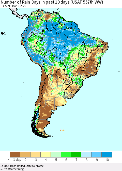 South America Number of Rain Days in past 10 days (USAF 557th WW) Thematic Map For 3/1/2022 - 3/5/2022