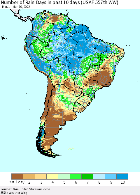 South America Number of Rain Days in past 10 days (USAF 557th WW) Thematic Map For 3/6/2022 - 3/10/2022