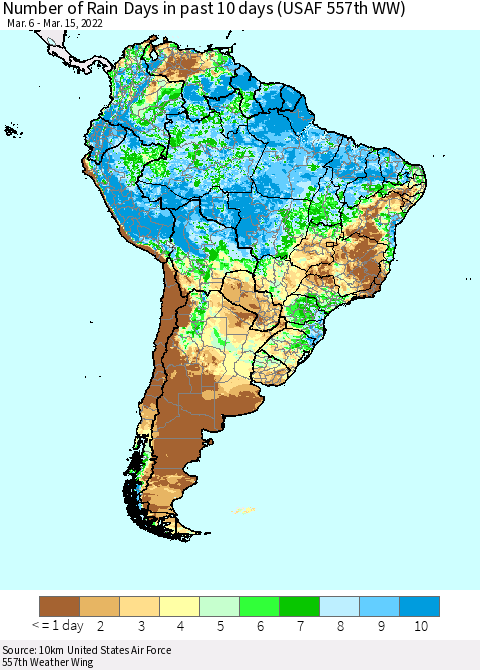 South America Number of Rain Days in past 10 days (USAF 557th WW) Thematic Map For 3/11/2022 - 3/15/2022