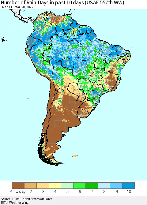 South America Number of Rain Days in past 10 days (USAF 557th WW) Thematic Map For 3/16/2022 - 3/20/2022