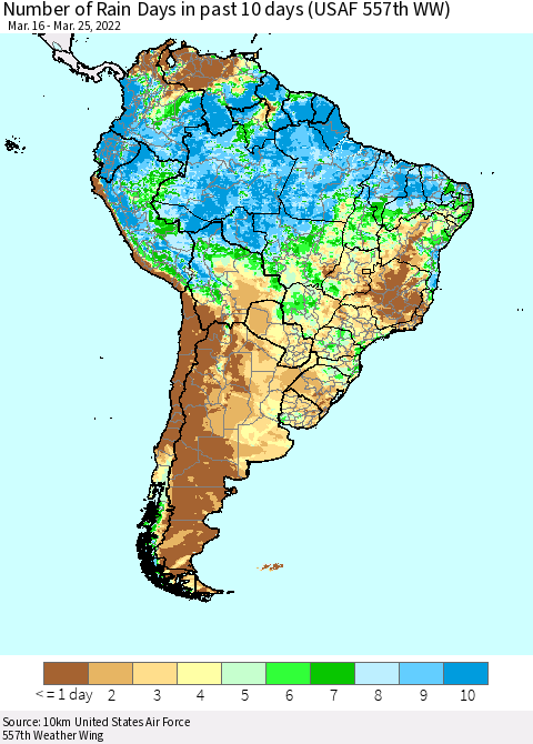 South America Number of Rain Days in past 10 days (USAF 557th WW) Thematic Map For 3/21/2022 - 3/25/2022