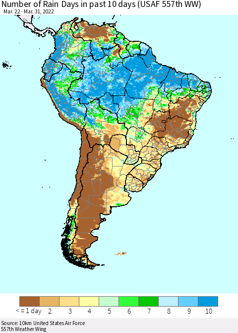 South America Number of Rain Days in past 10 days (USAF 557th WW) Thematic Map For 3/26/2022 - 3/31/2022