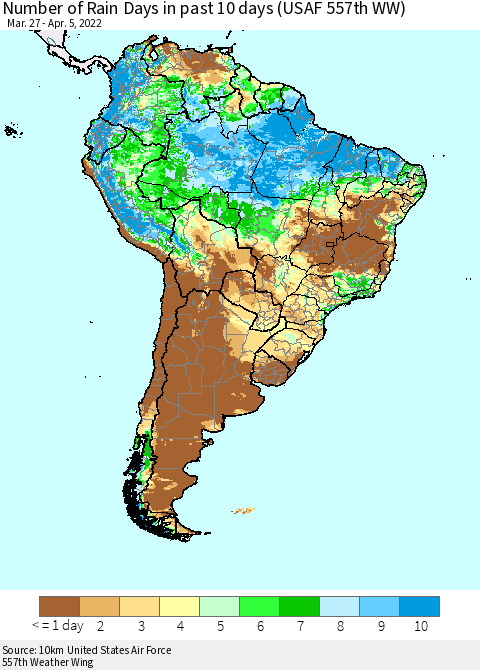 South America Number of Rain Days in past 10 days (USAF 557th WW) Thematic Map For 4/1/2022 - 4/5/2022