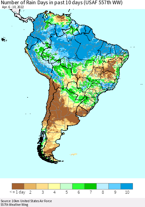 South America Number of Rain Days in past 10 days (USAF 557th WW) Thematic Map For 4/6/2022 - 4/10/2022