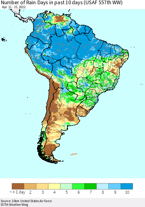 South America Number of Rain Days in past 10 days (USAF 557th WW) Thematic Map For 4/11/2022 - 4/15/2022