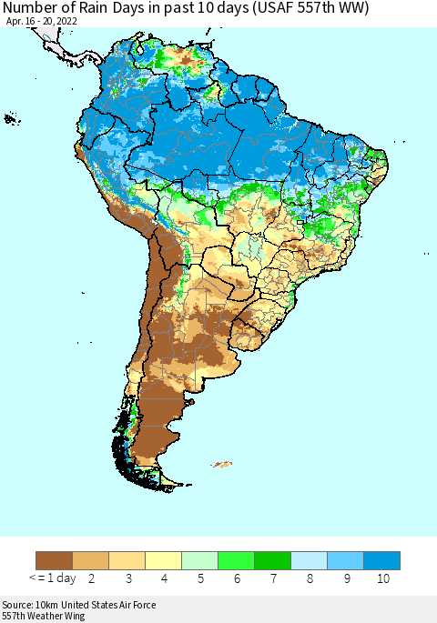 South America Number of Rain Days in past 10 days (USAF 557th WW) Thematic Map For 4/16/2022 - 4/20/2022