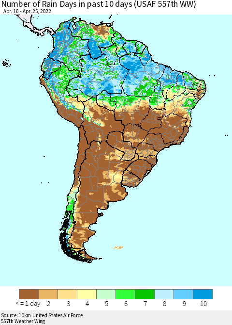 South America Number of Rain Days in past 10 days (USAF 557th WW) Thematic Map For 4/21/2022 - 4/25/2022