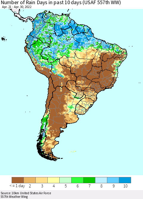 South America Number of Rain Days in past 10 days (USAF 557th WW) Thematic Map For 4/26/2022 - 4/30/2022