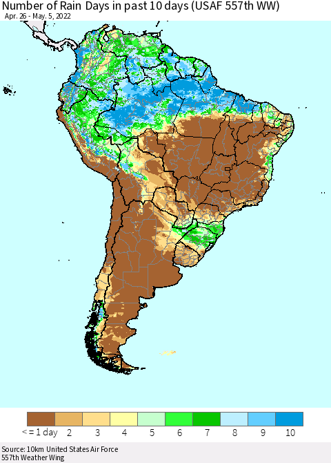 South America Number of Rain Days in past 10 days (USAF 557th WW) Thematic Map For 5/1/2022 - 5/5/2022
