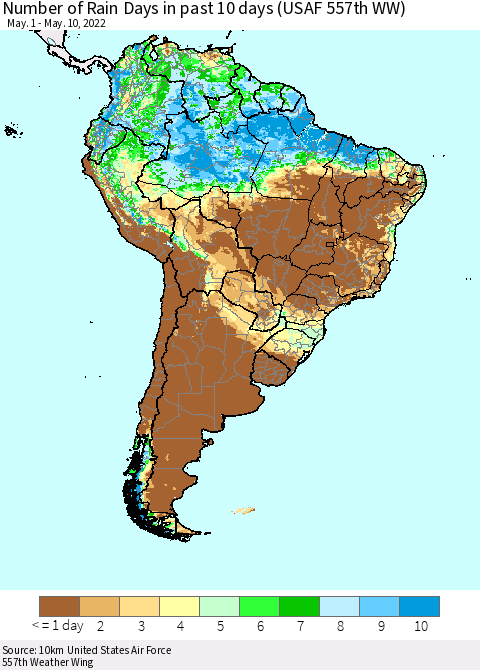 South America Number of Rain Days in past 10 days (USAF 557th WW) Thematic Map For 5/6/2022 - 5/10/2022