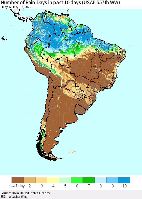 South America Number of Rain Days in past 10 days (USAF 557th WW) Thematic Map For 5/11/2022 - 5/15/2022