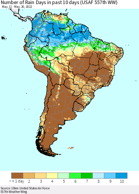 South America Number of Rain Days in past 10 days (USAF 557th WW) Thematic Map For 5/16/2022 - 5/20/2022