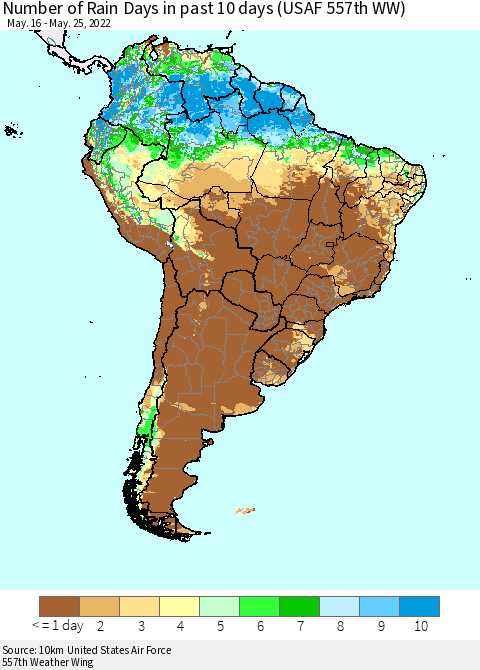 South America Number of Rain Days in past 10 days (USAF 557th WW) Thematic Map For 5/21/2022 - 5/25/2022