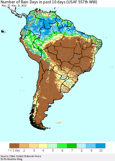 South America Number of Rain Days in past 10 days (USAF 557th WW) Thematic Map For 5/26/2022 - 5/31/2022