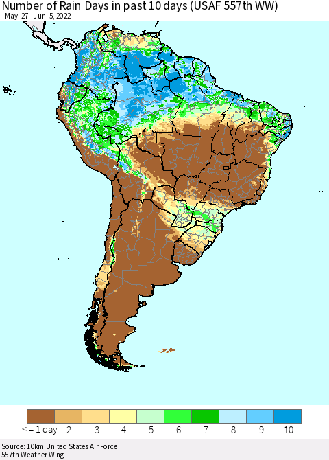 South America Number of Rain Days in past 10 days (USAF 557th WW) Thematic Map For 6/1/2022 - 6/5/2022