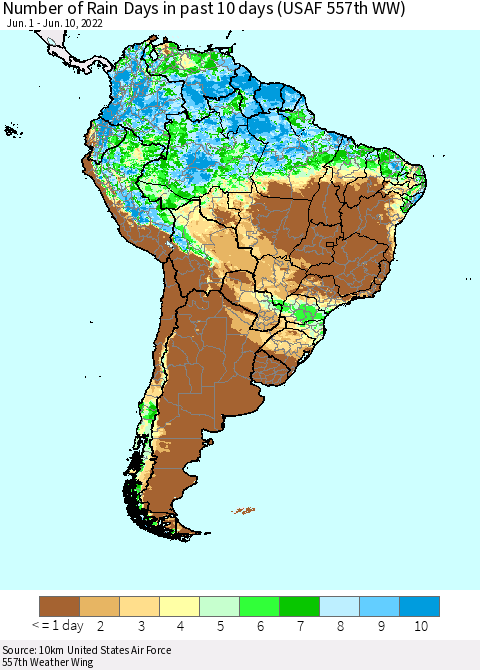 South America Number of Rain Days in past 10 days (USAF 557th WW) Thematic Map For 6/6/2022 - 6/10/2022