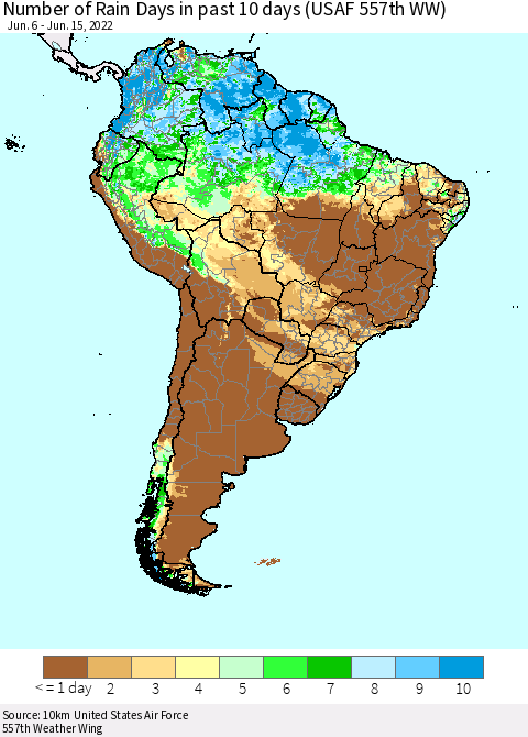 South America Number of Rain Days in past 10 days (USAF 557th WW) Thematic Map For 6/11/2022 - 6/15/2022