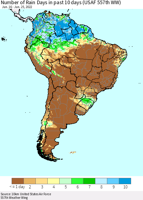 South America Number of Rain Days in past 10 days (USAF 557th WW) Thematic Map For 6/21/2022 - 6/25/2022