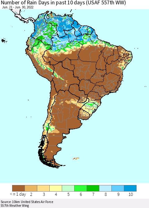 South America Number of Rain Days in past 10 days (USAF 557th WW) Thematic Map For 6/26/2022 - 6/30/2022