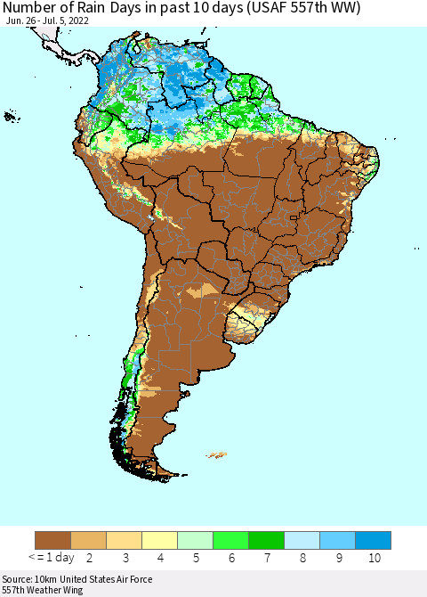 South America Number of Rain Days in past 10 days (USAF 557th WW) Thematic Map For 7/1/2022 - 7/5/2022