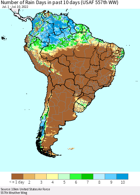 South America Number of Rain Days in past 10 days (USAF 557th WW) Thematic Map For 7/6/2022 - 7/10/2022
