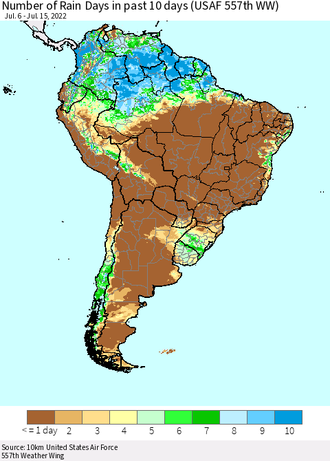 South America Number of Rain Days in past 10 days (USAF 557th WW) Thematic Map For 7/11/2022 - 7/15/2022