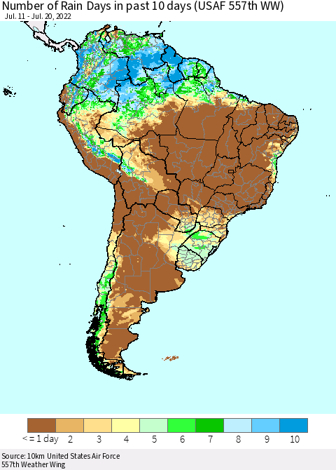 South America Number of Rain Days in past 10 days (USAF 557th WW) Thematic Map For 7/16/2022 - 7/20/2022
