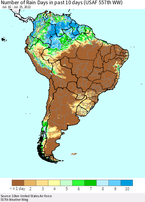 South America Number of Rain Days in past 10 days (USAF 557th WW) Thematic Map For 7/21/2022 - 7/25/2022