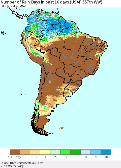 South America Number of Rain Days in past 10 days (USAF 557th WW) Thematic Map For 7/26/2022 - 7/31/2022