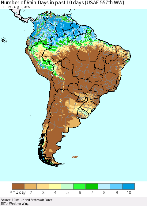 South America Number of Rain Days in past 10 days (USAF 557th WW) Thematic Map For 8/1/2022 - 8/5/2022