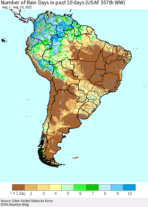 South America Number of Rain Days in past 10 days (USAF 557th WW) Thematic Map For 8/6/2022 - 8/10/2022