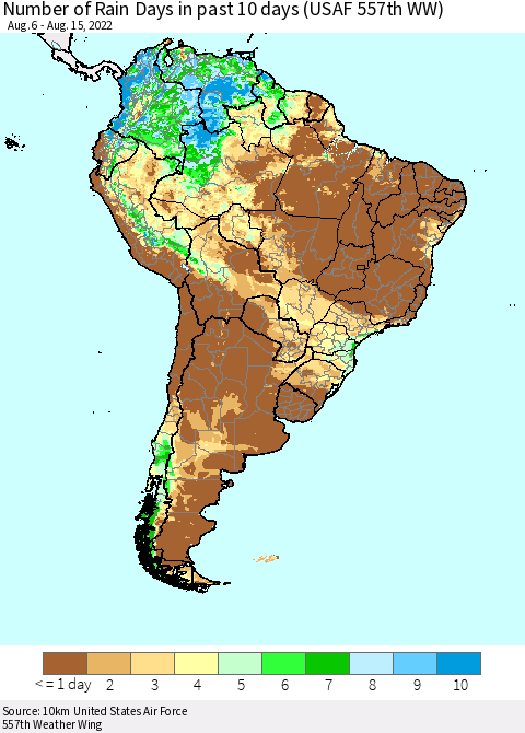 South America Number of Rain Days in past 10 days (USAF 557th WW) Thematic Map For 8/11/2022 - 8/15/2022