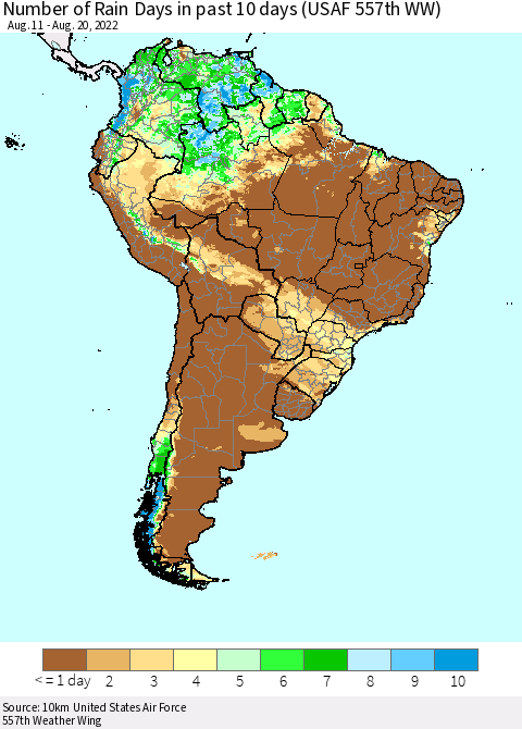 South America Number of Rain Days in past 10 days (USAF 557th WW) Thematic Map For 8/16/2022 - 8/20/2022