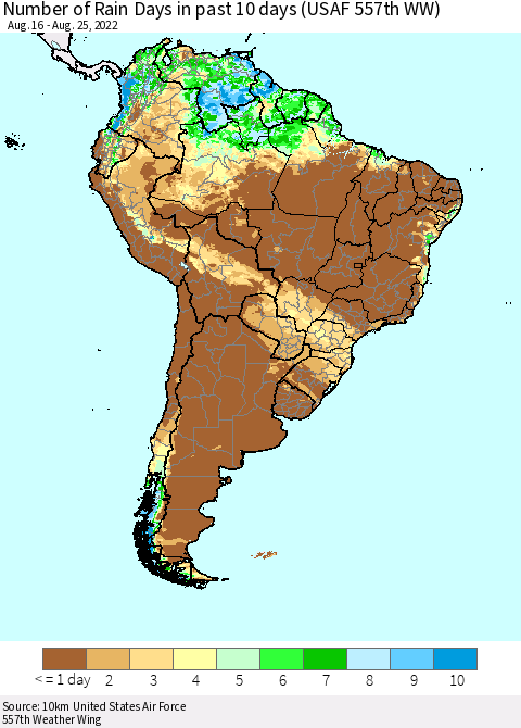 South America Number of Rain Days in past 10 days (USAF 557th WW) Thematic Map For 8/21/2022 - 8/25/2022