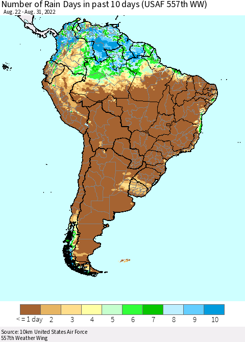 South America Number of Rain Days in past 10 days (USAF 557th WW) Thematic Map For 8/26/2022 - 8/31/2022
