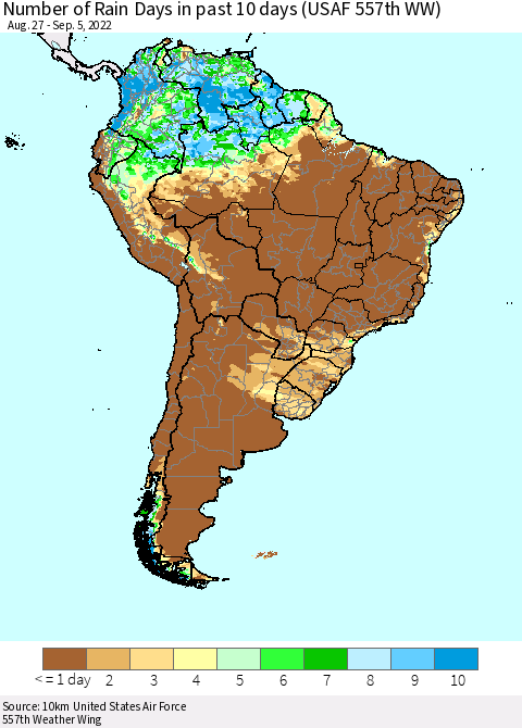 South America Number of Rain Days in past 10 days (USAF 557th WW) Thematic Map For 9/1/2022 - 9/5/2022