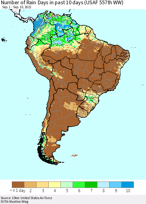 South America Number of Rain Days in past 10 days (USAF 557th WW) Thematic Map For 9/6/2022 - 9/10/2022