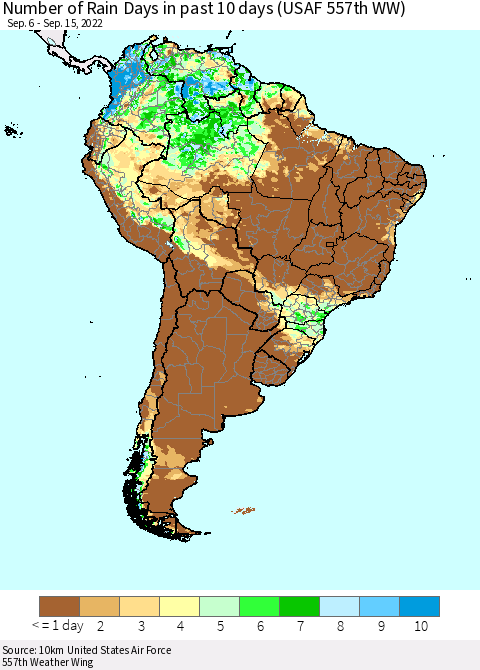 South America Number of Rain Days in past 10 days (USAF 557th WW) Thematic Map For 9/11/2022 - 9/15/2022