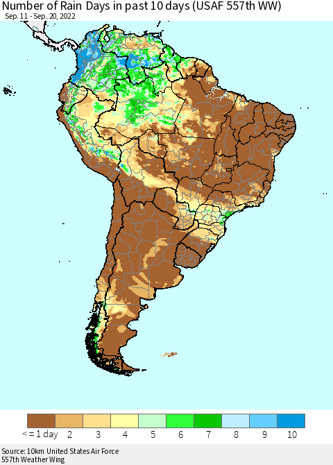 South America Number of Rain Days in past 10 days (USAF 557th WW) Thematic Map For 9/16/2022 - 9/20/2022