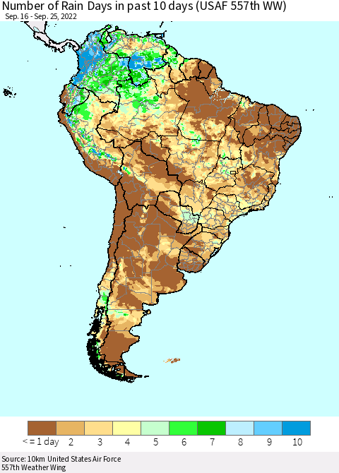 South America Number of Rain Days in past 10 days (USAF 557th WW) Thematic Map For 9/21/2022 - 9/25/2022